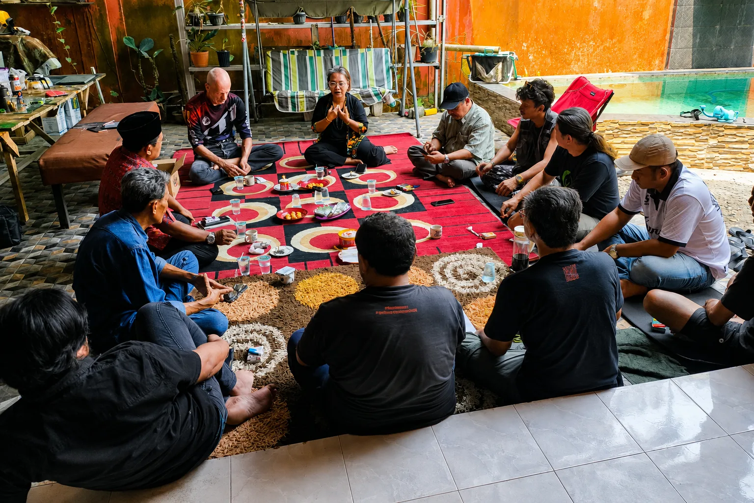 Participants sitting in a circle during an informal discussion on the future of Pacu Jalur in Kuantan Tengah.