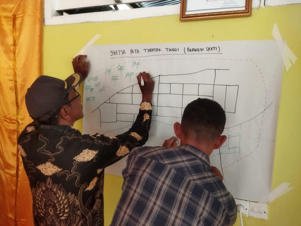 Community members drawing a participatory sketch map of Nagari Taratak Tinggi in Dharmasraya, West Sumatra.