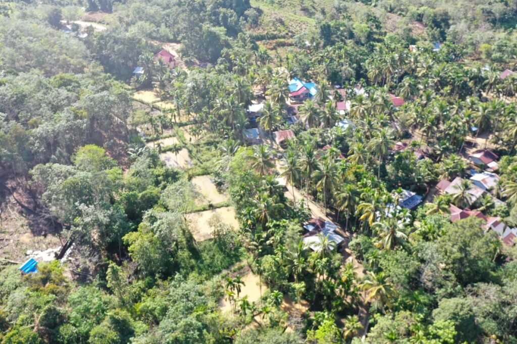 Aerial view of Lubuk Bigau Village and its surrounding forest and agricultural landscape in Riau