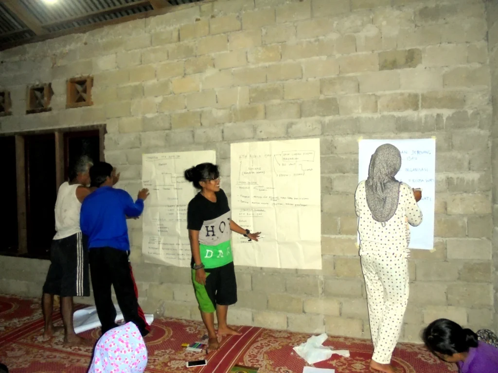 Several participants stand in front of large sheets of paper fixed to a wall while writing and discussing.