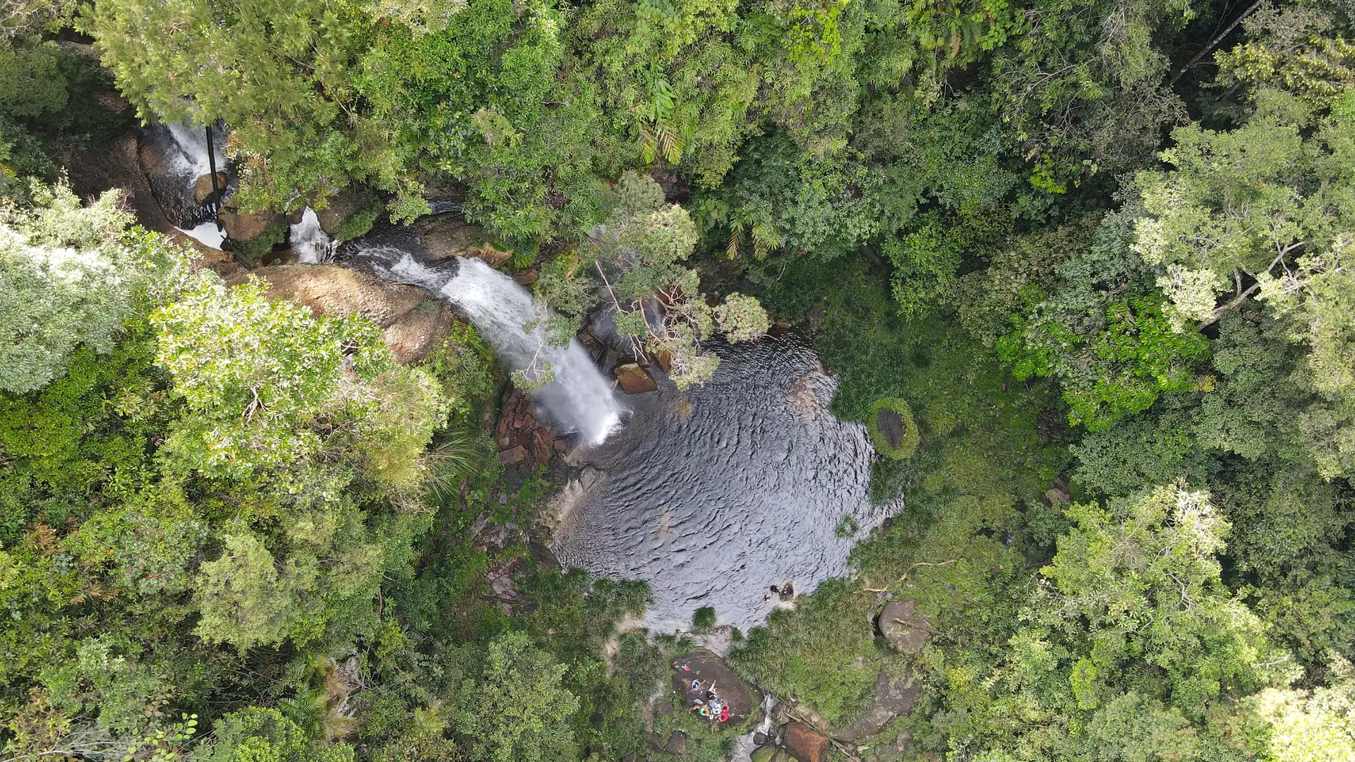 Aerial view of a waterfall and natural pool surrounded by dense tropical forest.